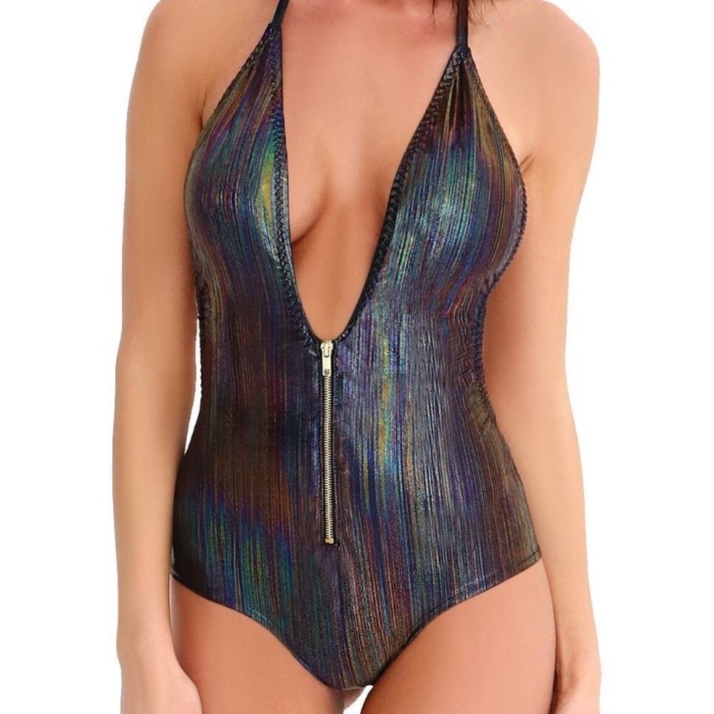 Nwot Oil Slick Zip Up Bodysuit - Picture 2 of 3